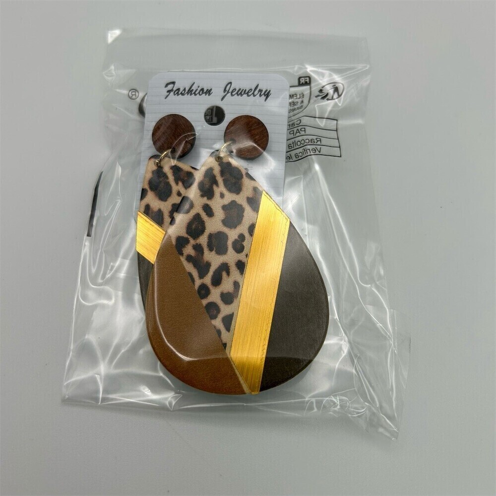 Leopard Print Teardrop Stud Dangle Earrings Gold Tone Geometric Statement - Picture 4 of 5